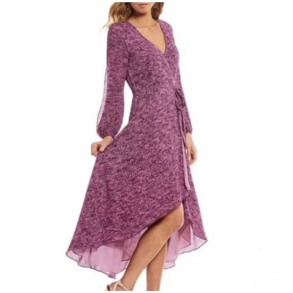 Halston Ruffle V-Neck Maxi Wrap Dress Split Sleeve Tie Waist Purple Size Large - Picture 10 of 10